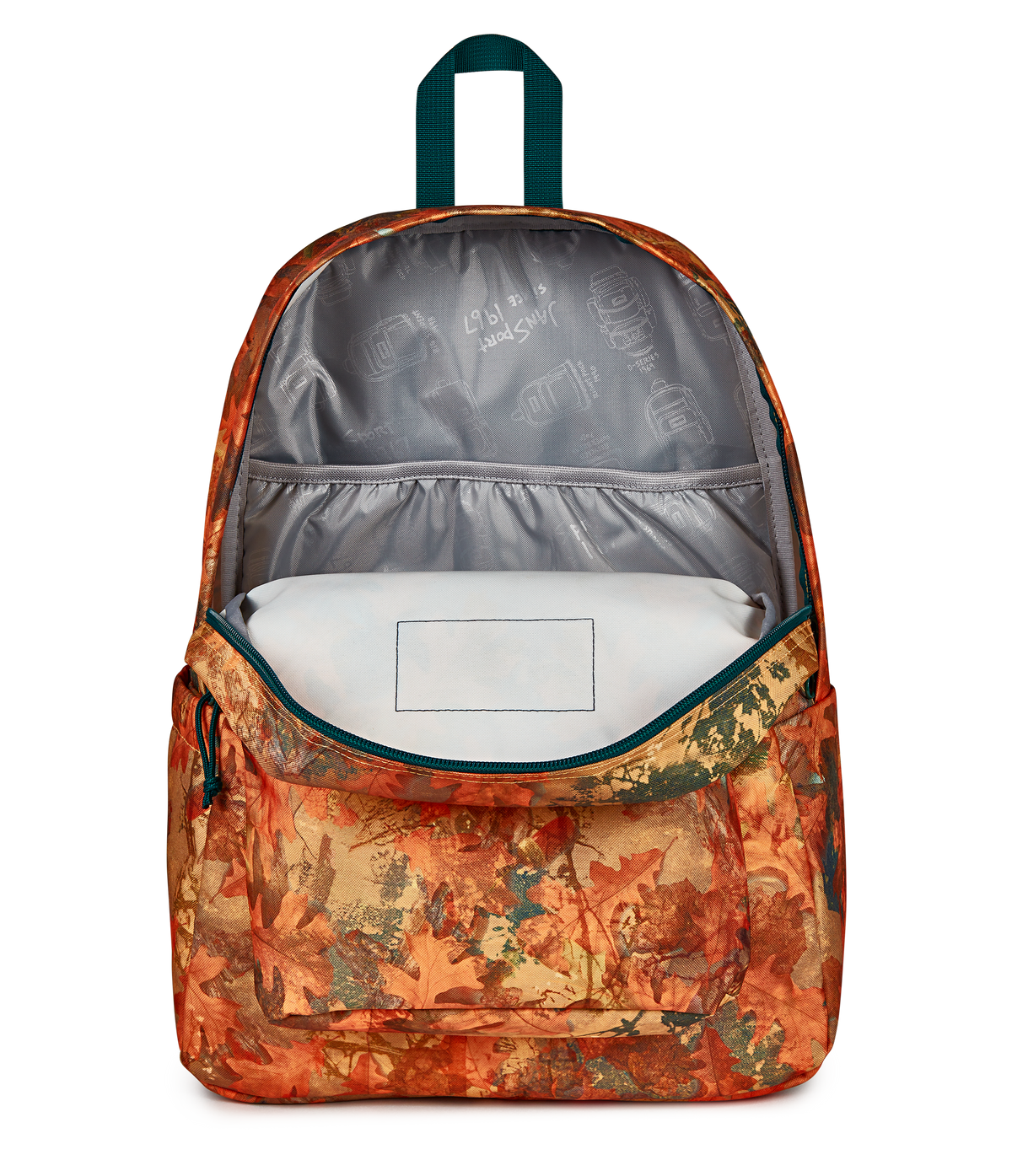 JanSport SuperBreak Plus Iconic Style in Bogcore Camo Orange — interior view