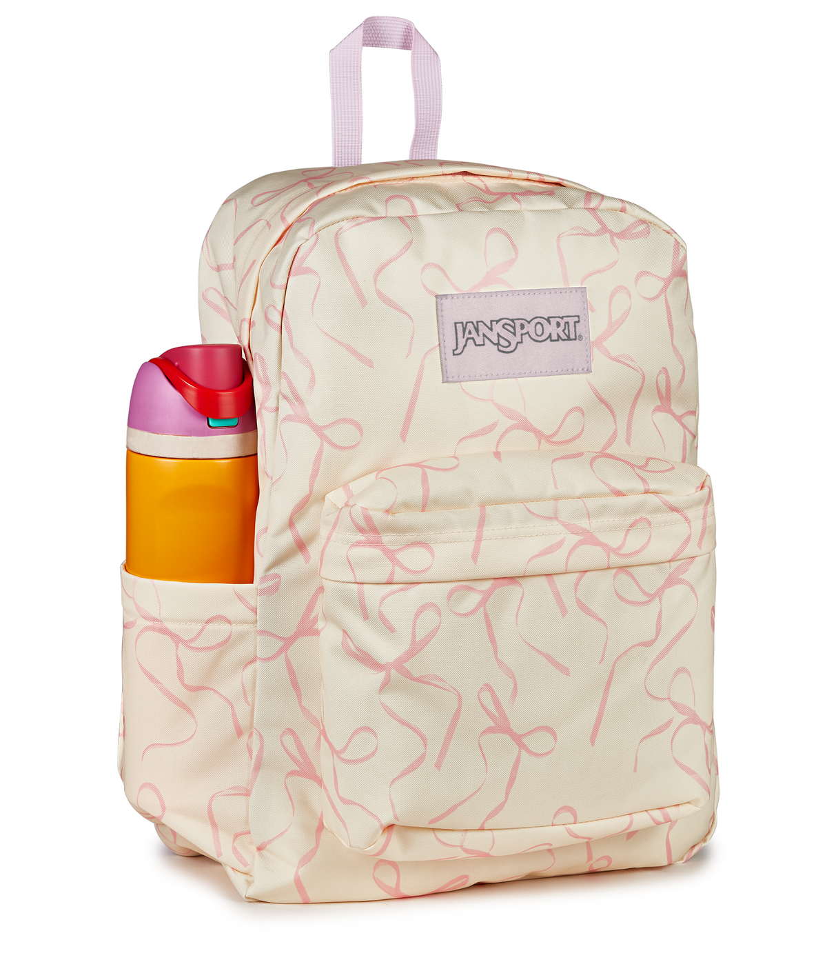 JanSport SuperBreak Plus Iconic Style in Rows of Bows Pink Ice — detail view