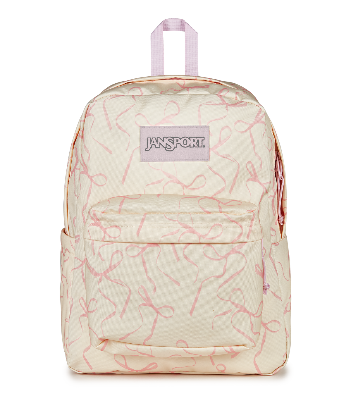 JanSport SuperBreak Plus Iconic Style in Rows of Bows Pink Ice — front view # color_Rows of Bows Pink Ice
