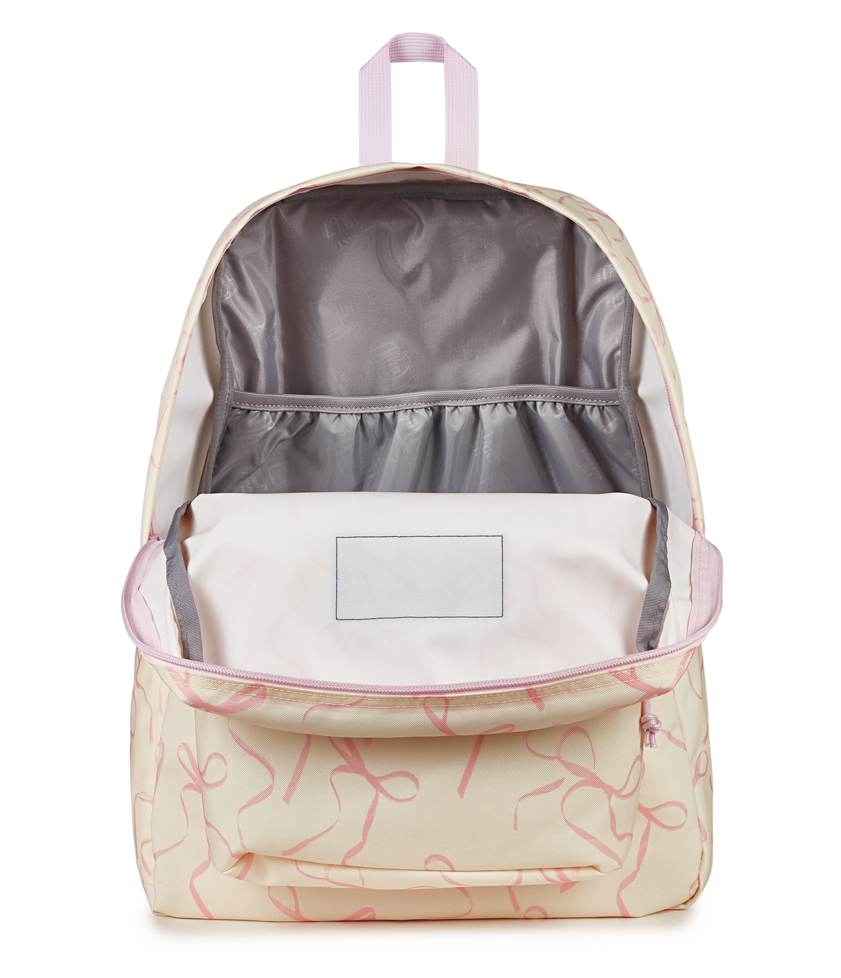 JanSport SuperBreak Plus Iconic Style in Rows of Bows Pink Ice — interior view