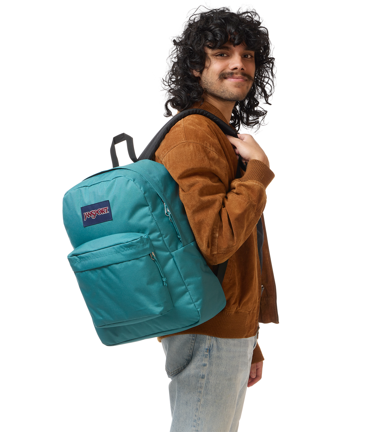 JanSport SuperBreak Plus Iconic Style in Emerald Pool — lifestyle