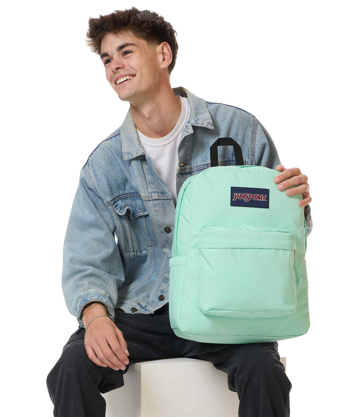 JanSport SuperBreak Plus Iconic Style in Magic Mint — lifestyle