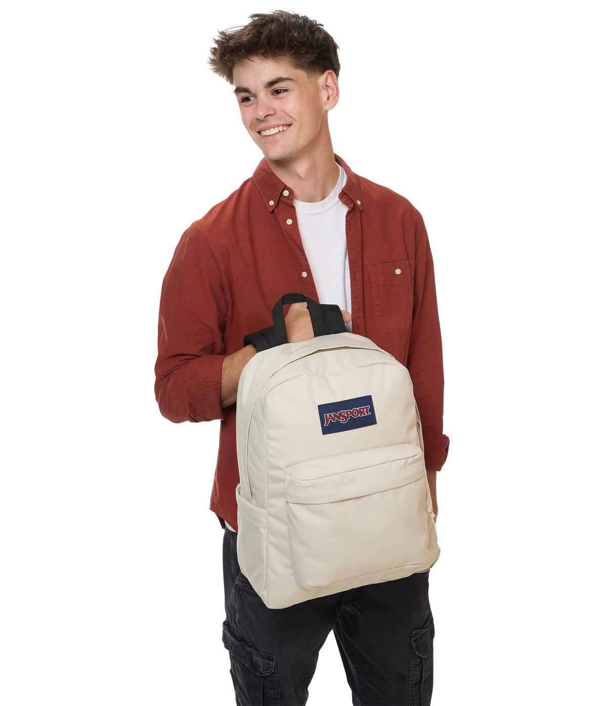 JanSport SuperBreak Plus Iconic Style in Moon Mist — lifestyle