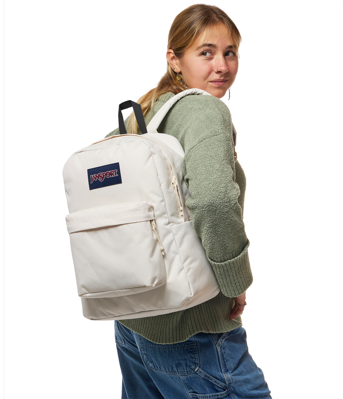 JanSport SuperBreak Plus Iconic Style in Moon Flower — lifestyle