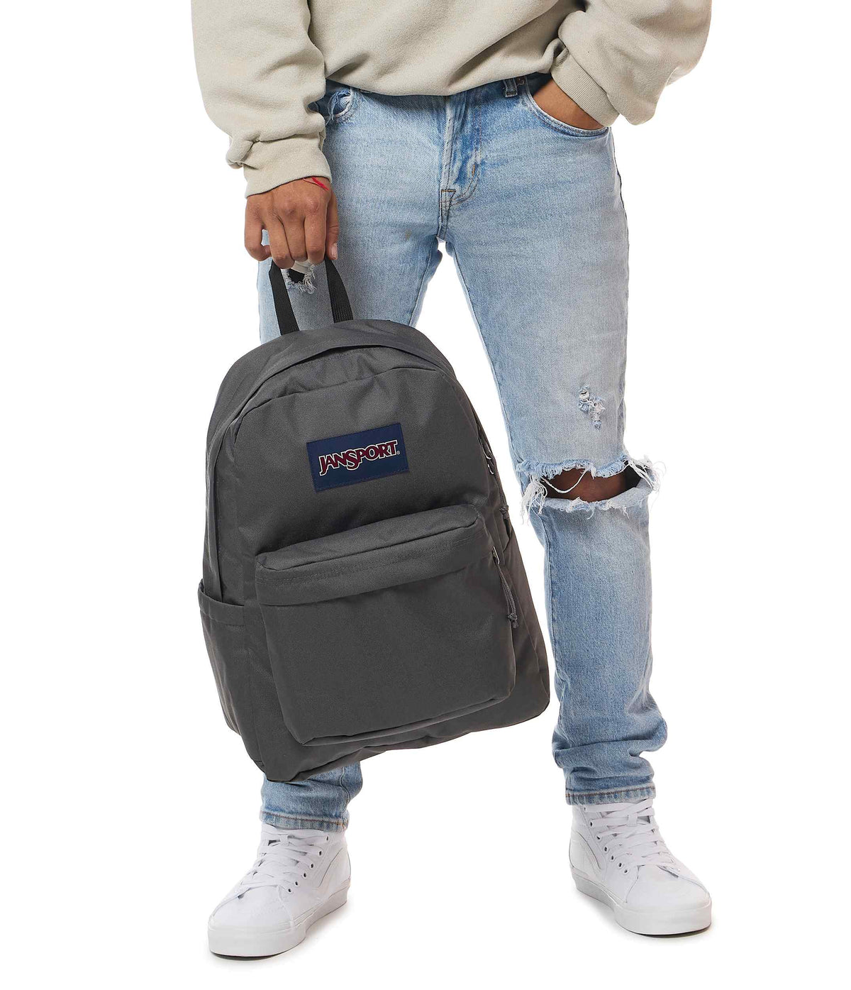 JanSport SuperBreak Plus Iconic Style in Smokey Grit — lifestyle