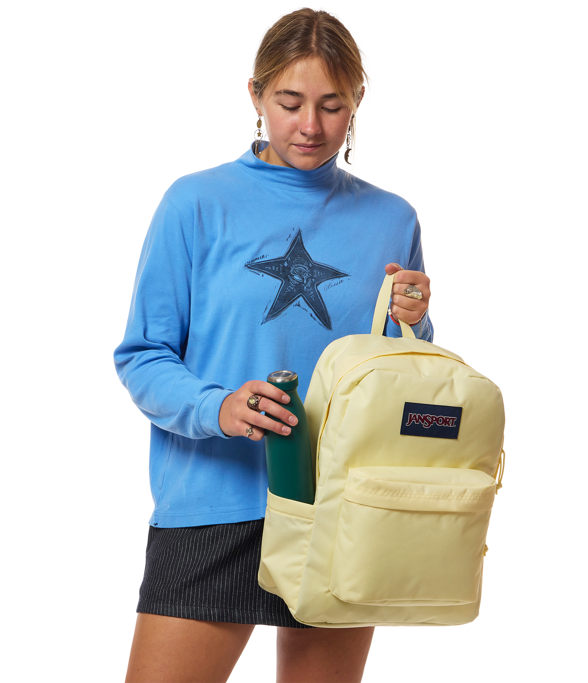 JanSport SuperBreak Plus Iconic Style in Lemon Ice — lifestyle