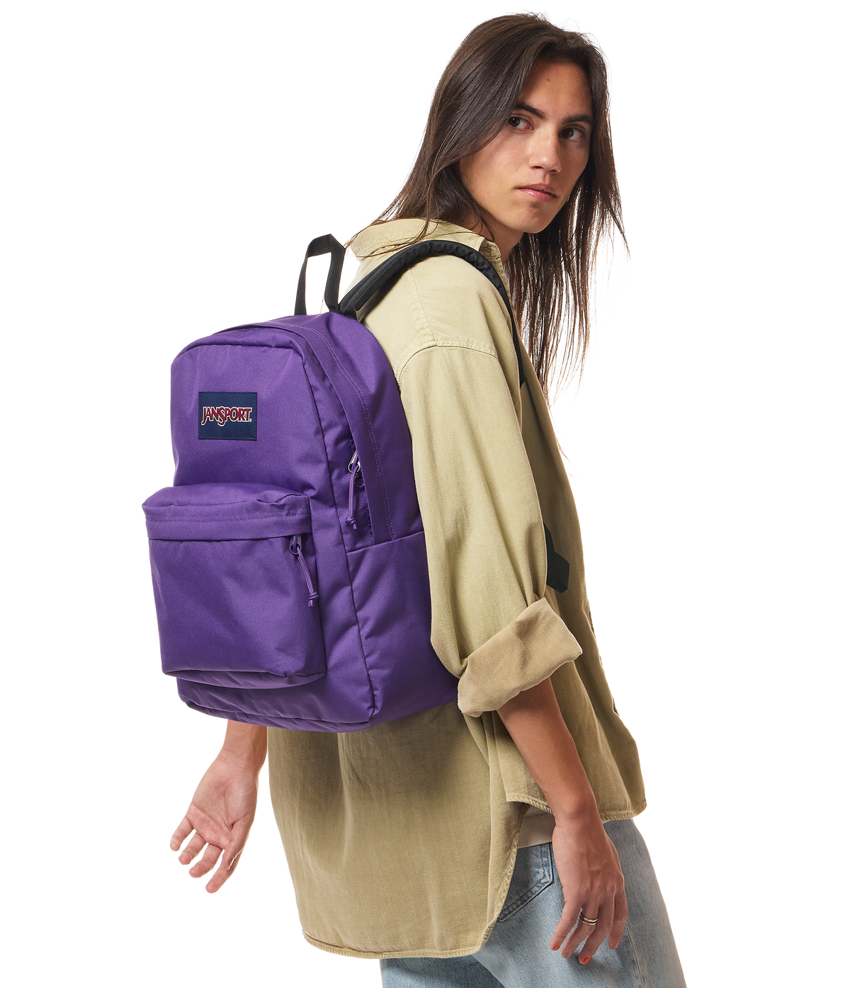JanSport SuperBreak Plus Iconic Style in Grape Jelly — lifestyle