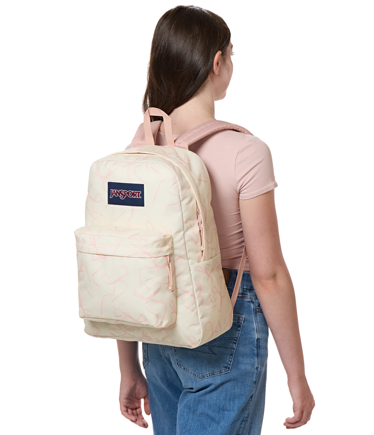 JanSport SuperBreak Plus Iconic Style in Rows of Bows — lifestyle