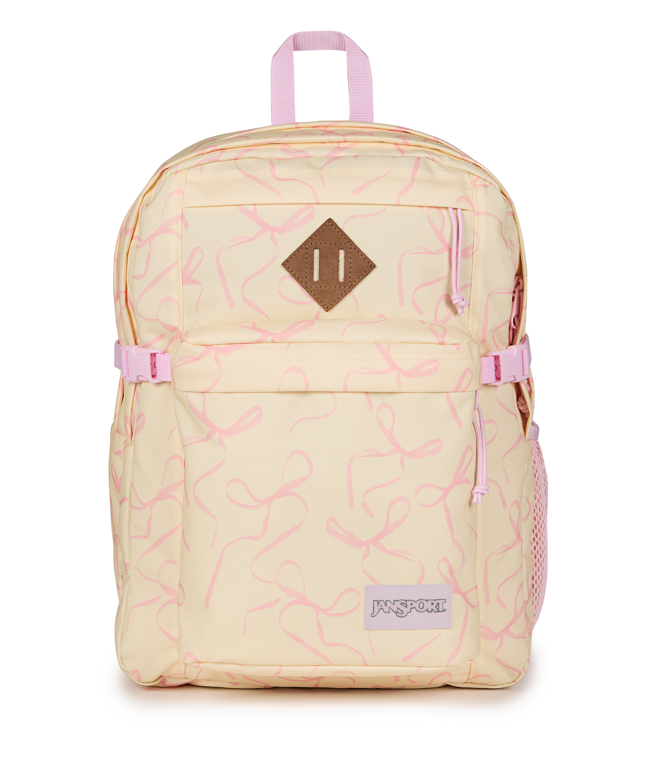 JanSport Main Campus Iconic Style in Rows of Bows Pink Ice — front view # color_Rows of Bows Pink Ice