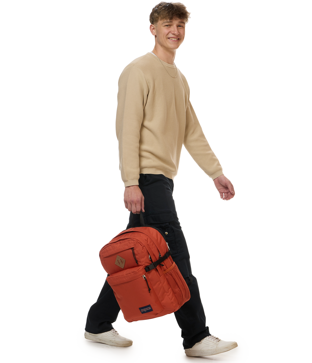 JanSport Main Campus Iconic Style in Dune Red — lifestyle