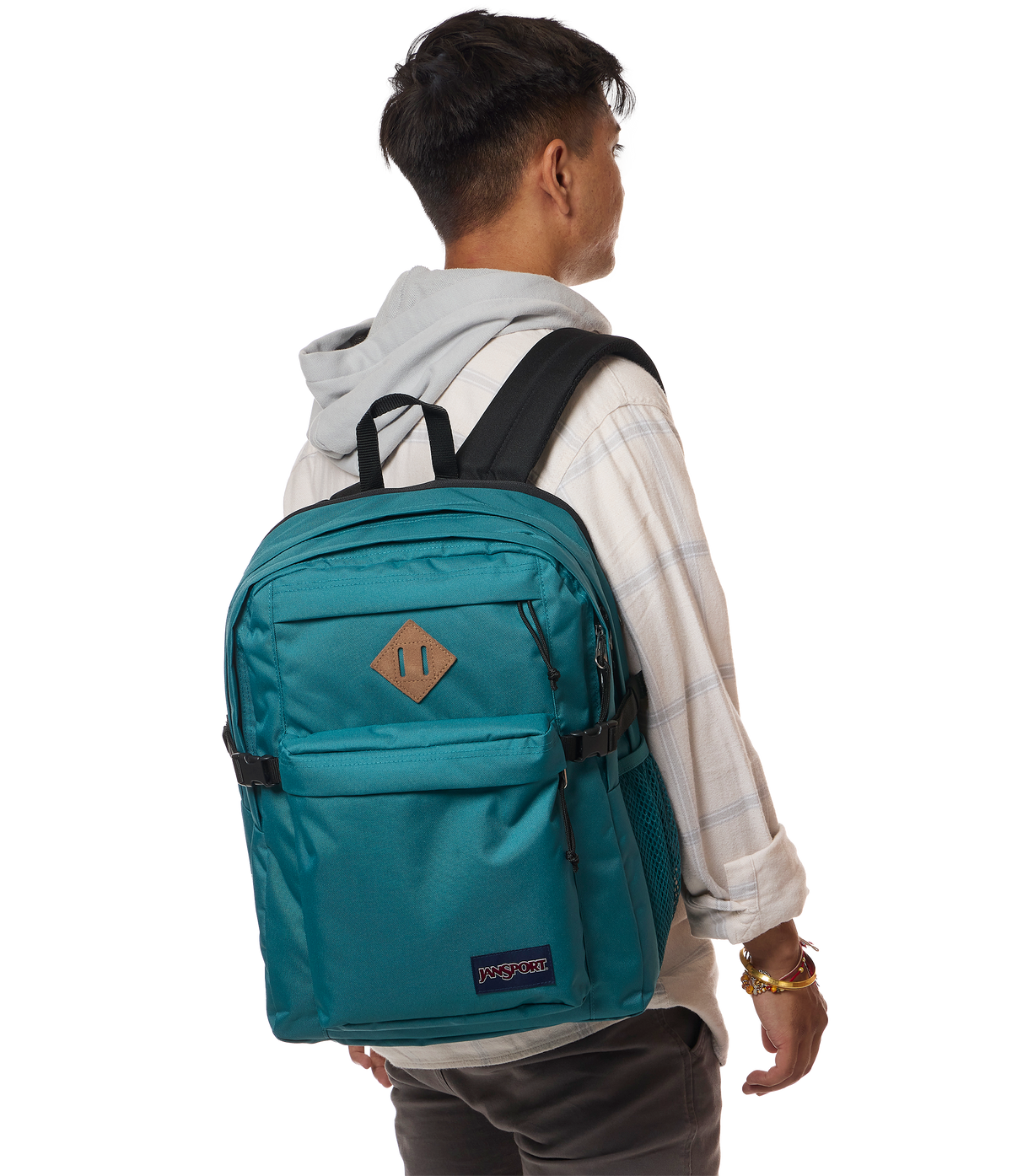 JanSport Main Campus Iconic Style in Emerald Pool — lifestyle