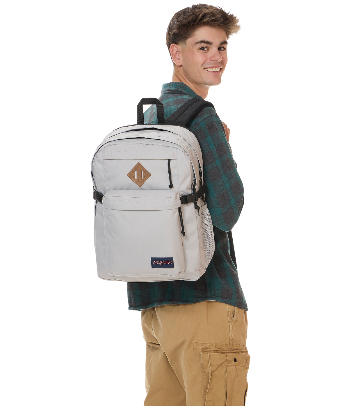JanSport Main Campus Iconic Style in Grounded Grey — lifestyle