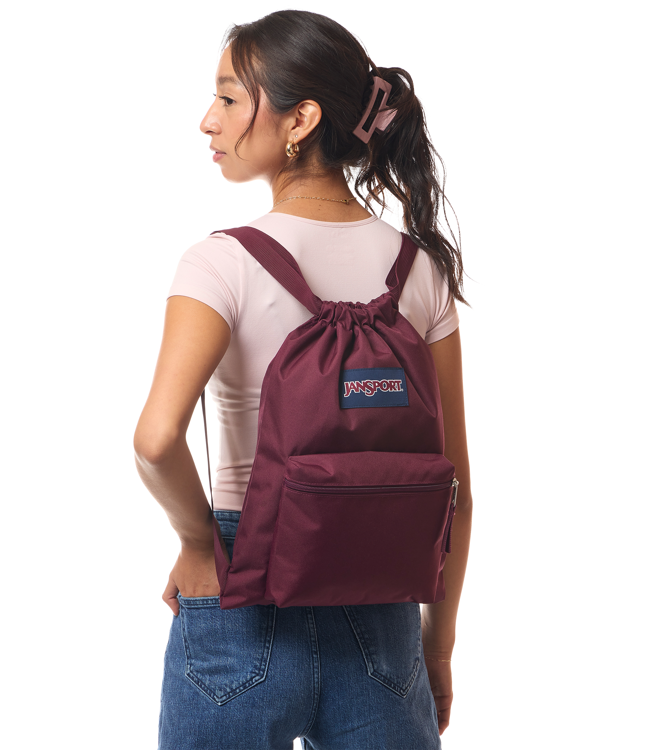 JanSport Draw Sack in Cherry Lacquer — angle view 2