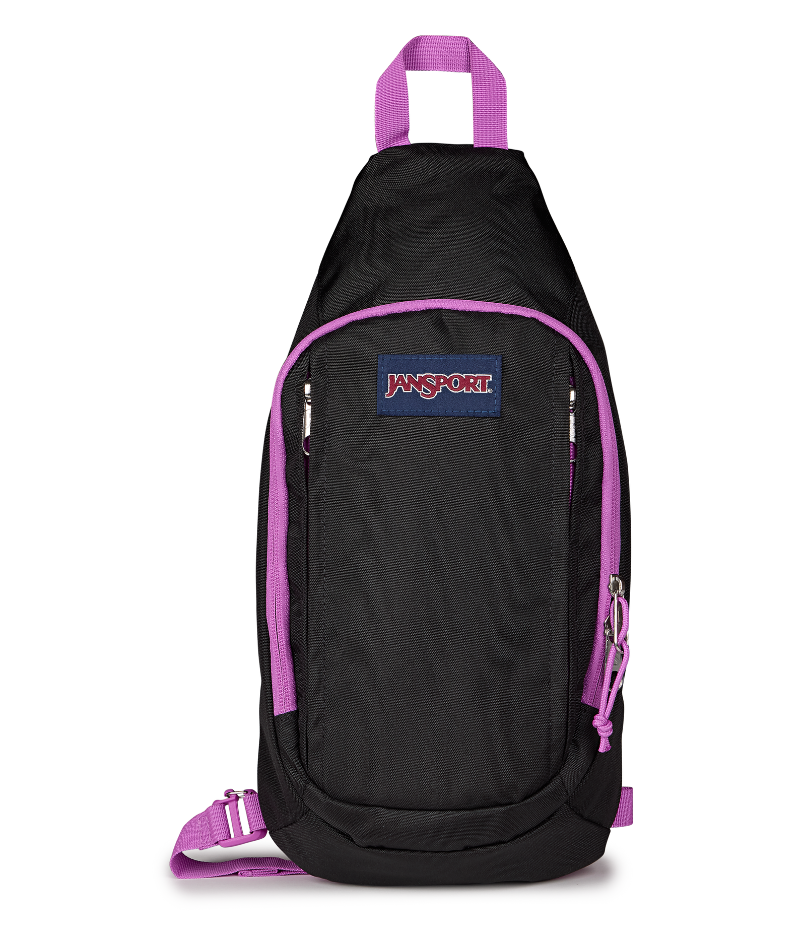 JanSport Move Sling Bag in Black/Digital Fuschia — front view # color_Black/Digital Fuschia