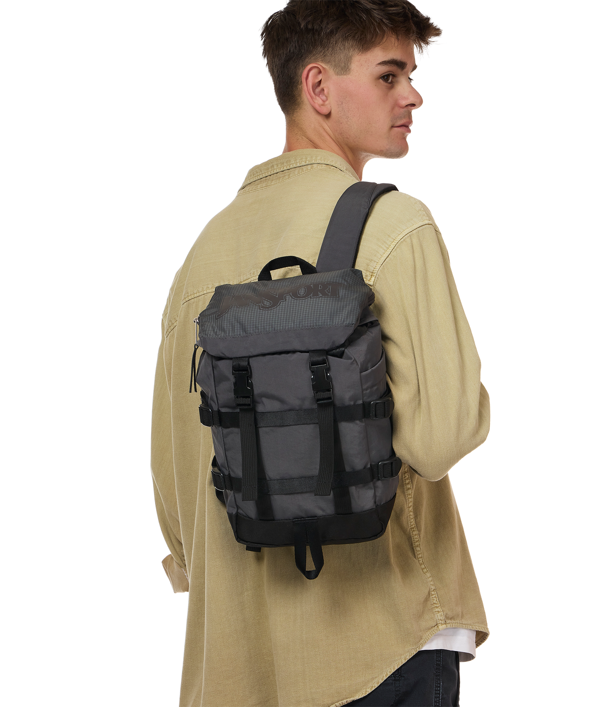 Jansport Mini Skip Pack Retro Series in Smokey Grit — lifestyle