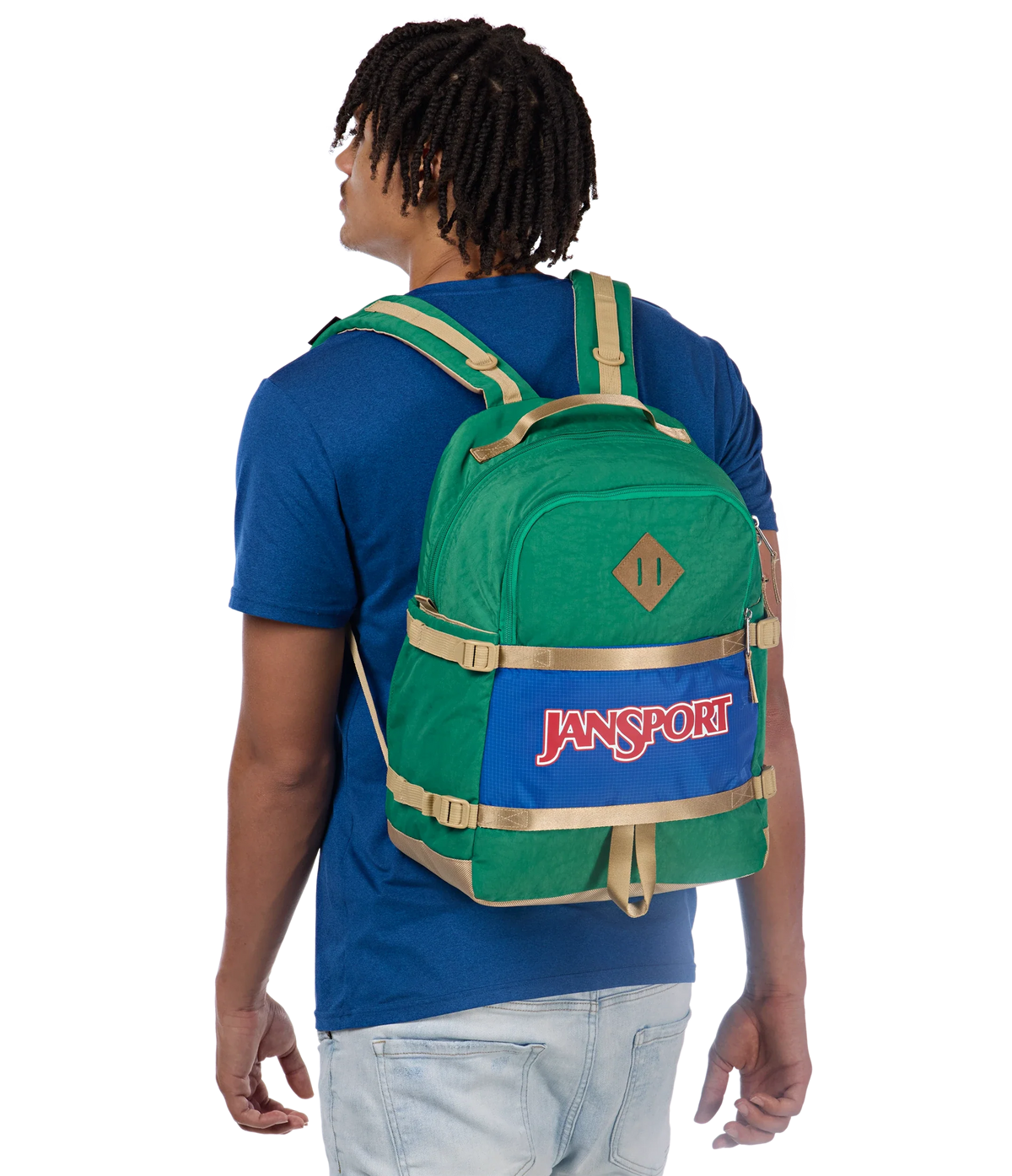Jansport Small Seattle Pack Retro Series in Jelly Kelly — lifestyle # color_Jelly Kelly
