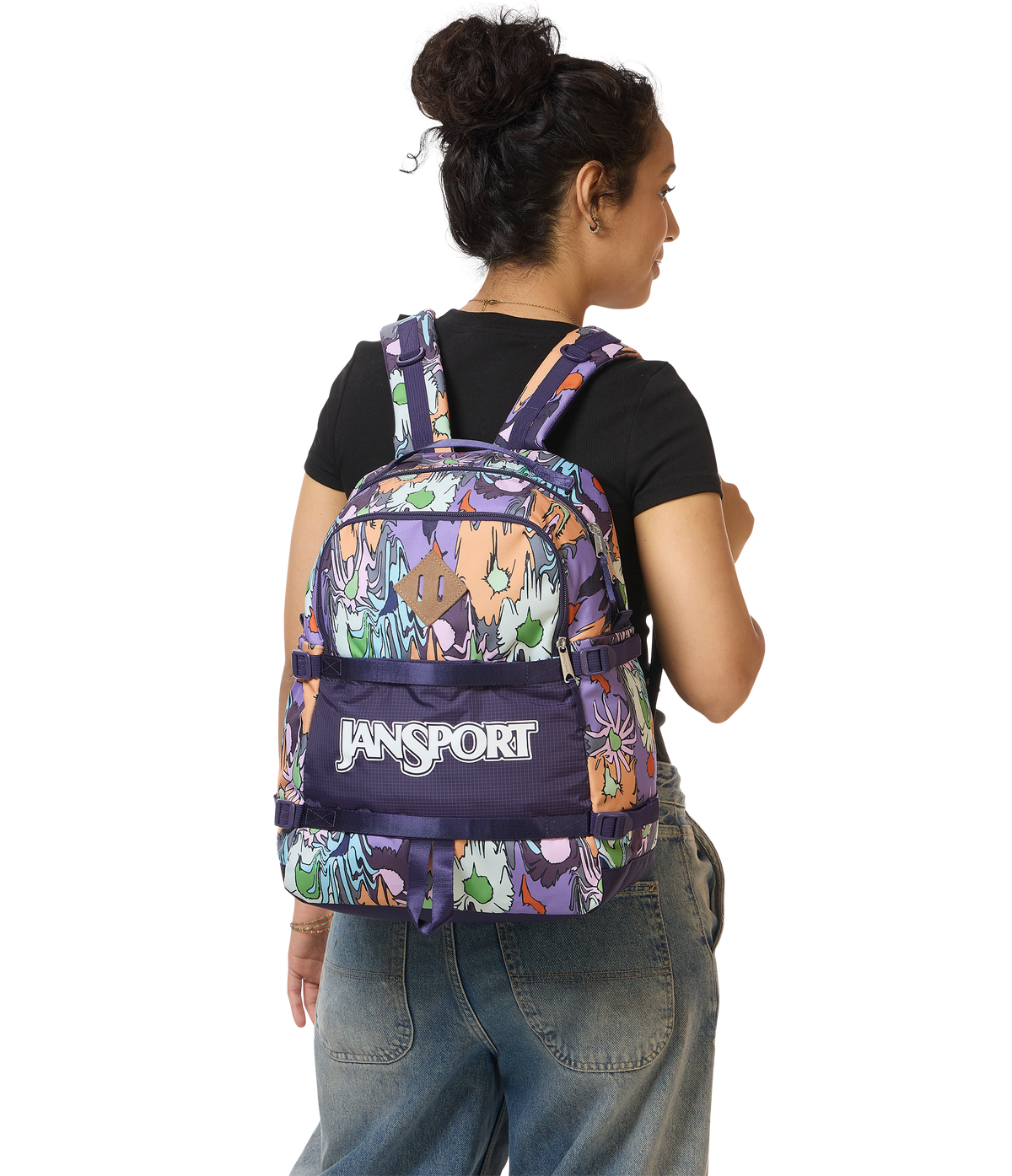 Jansport Small Seattle Pack Retro Series in Melted Blooms Yellow — lifestyle