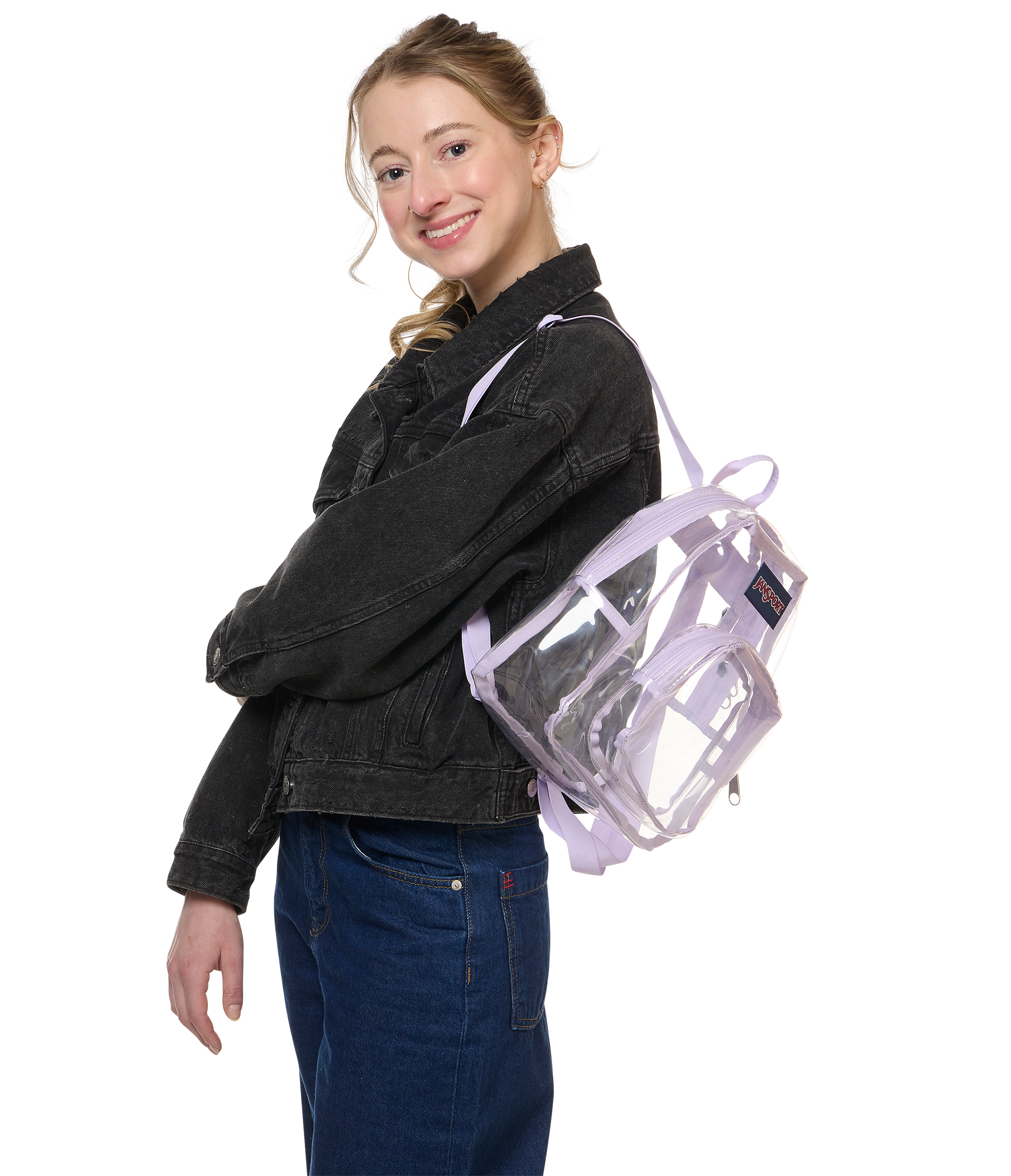 JanSport Clear Mini Pack in Pastel Lilac — angle view 2