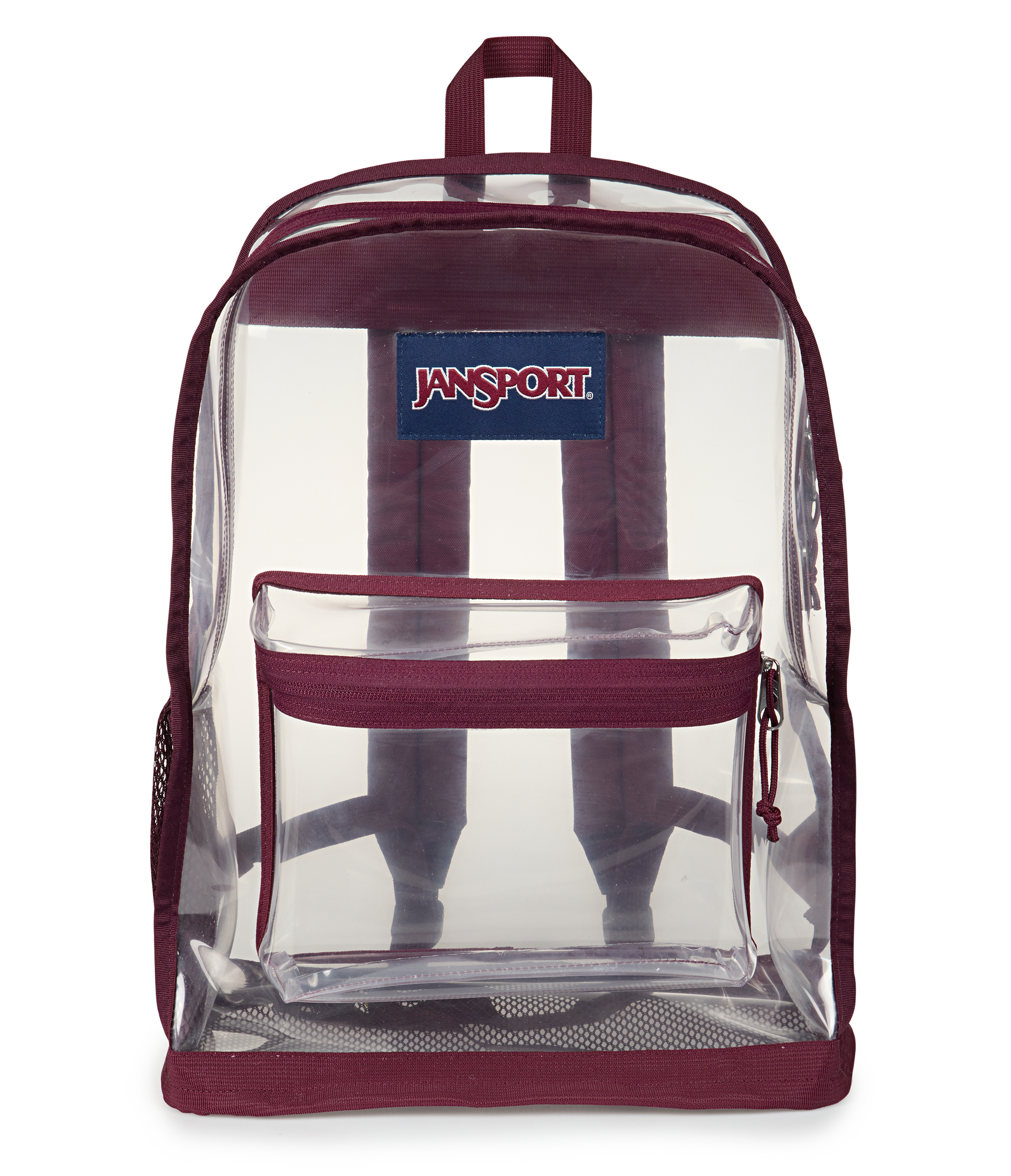 JanSport Clear Pack in Cherry Lacquer — front view