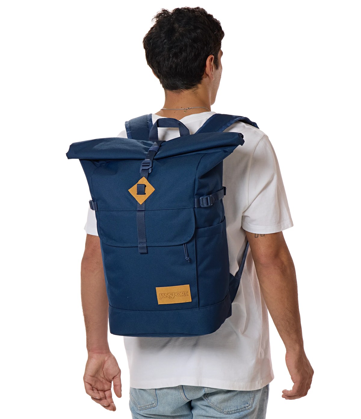 JanSport Hatchet Rolltop Backpack in Navy — lifestyle