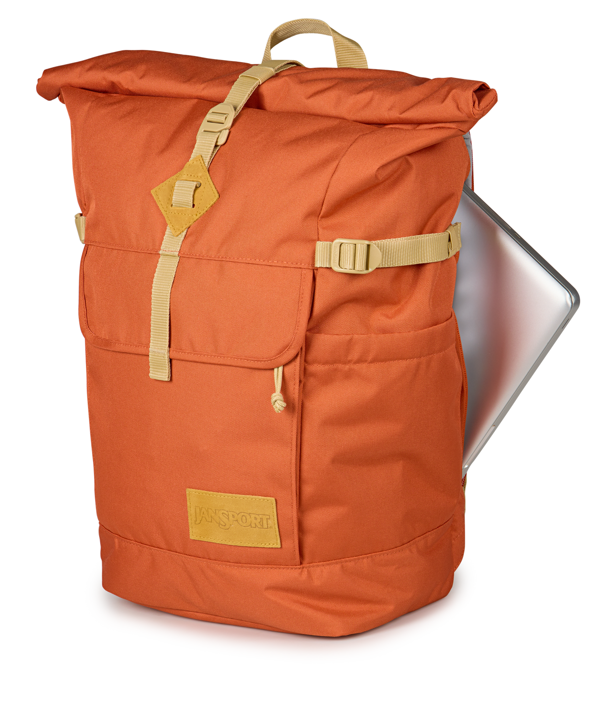 JanSport Hatchet Rolltop Backpack in Dune Red — detail view