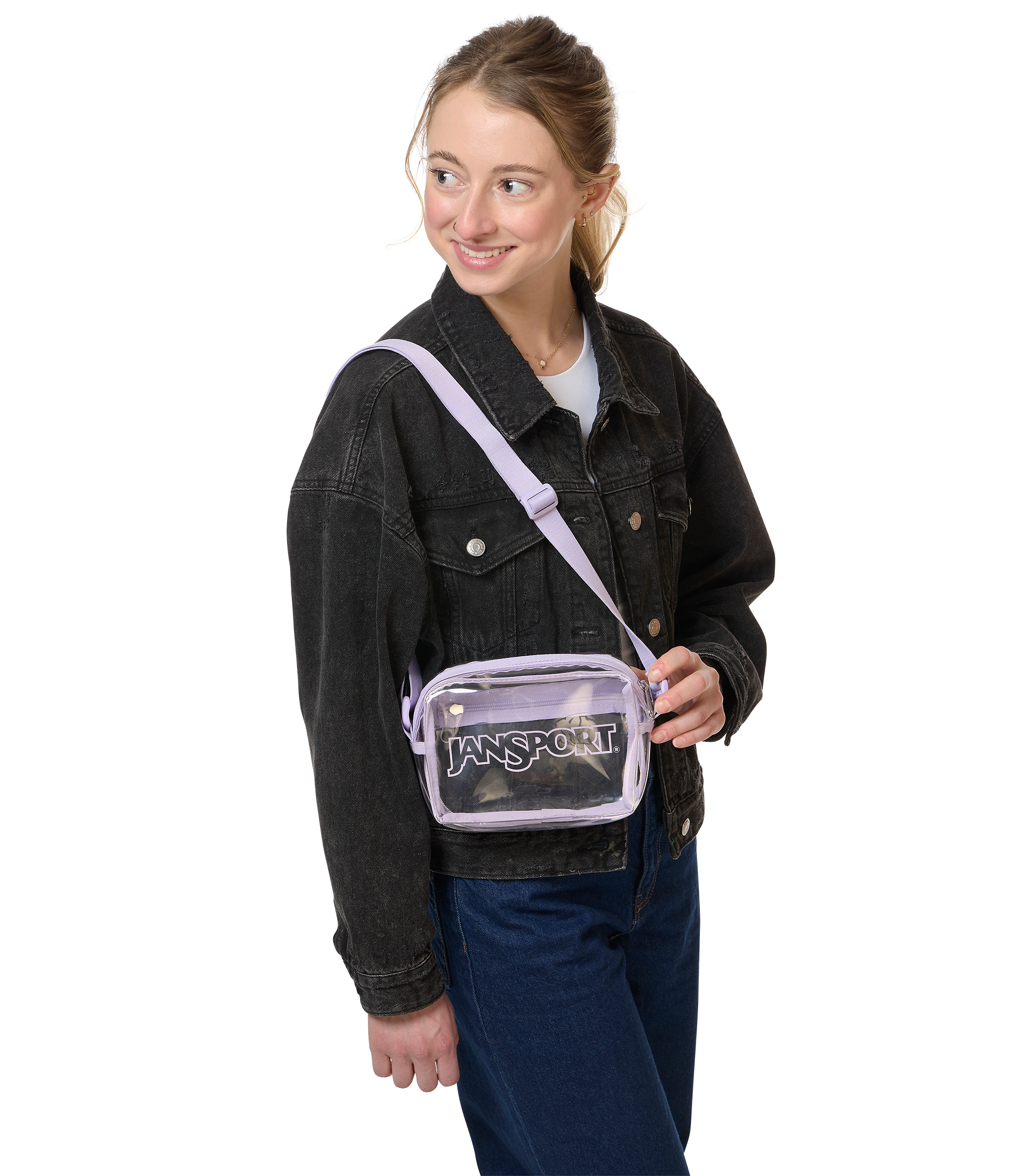 JanSport Clear Crossbody in Pastel Lilac — angle view 2