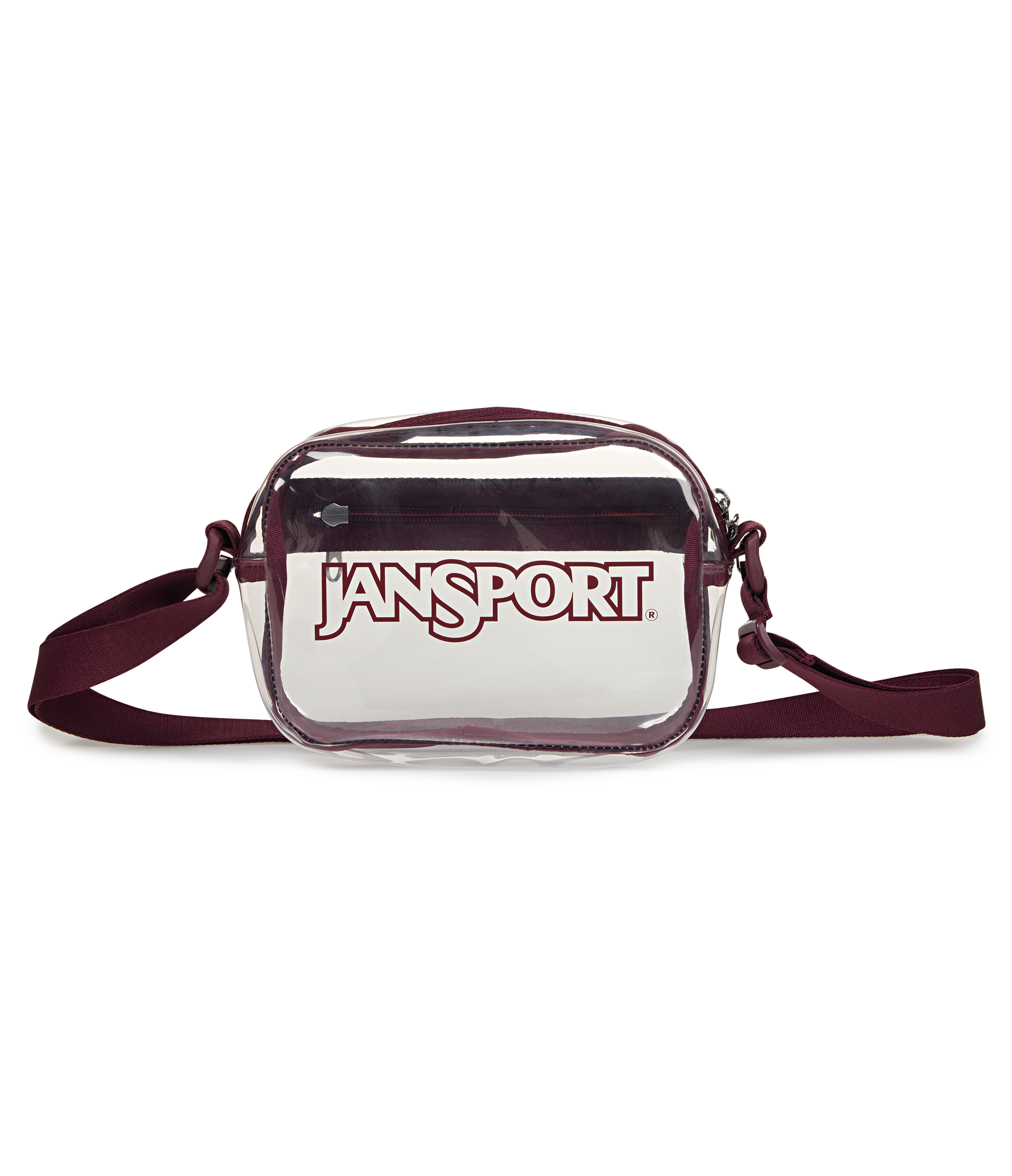 JanSport Clear Crossbody in Cherry Lacquer — front view