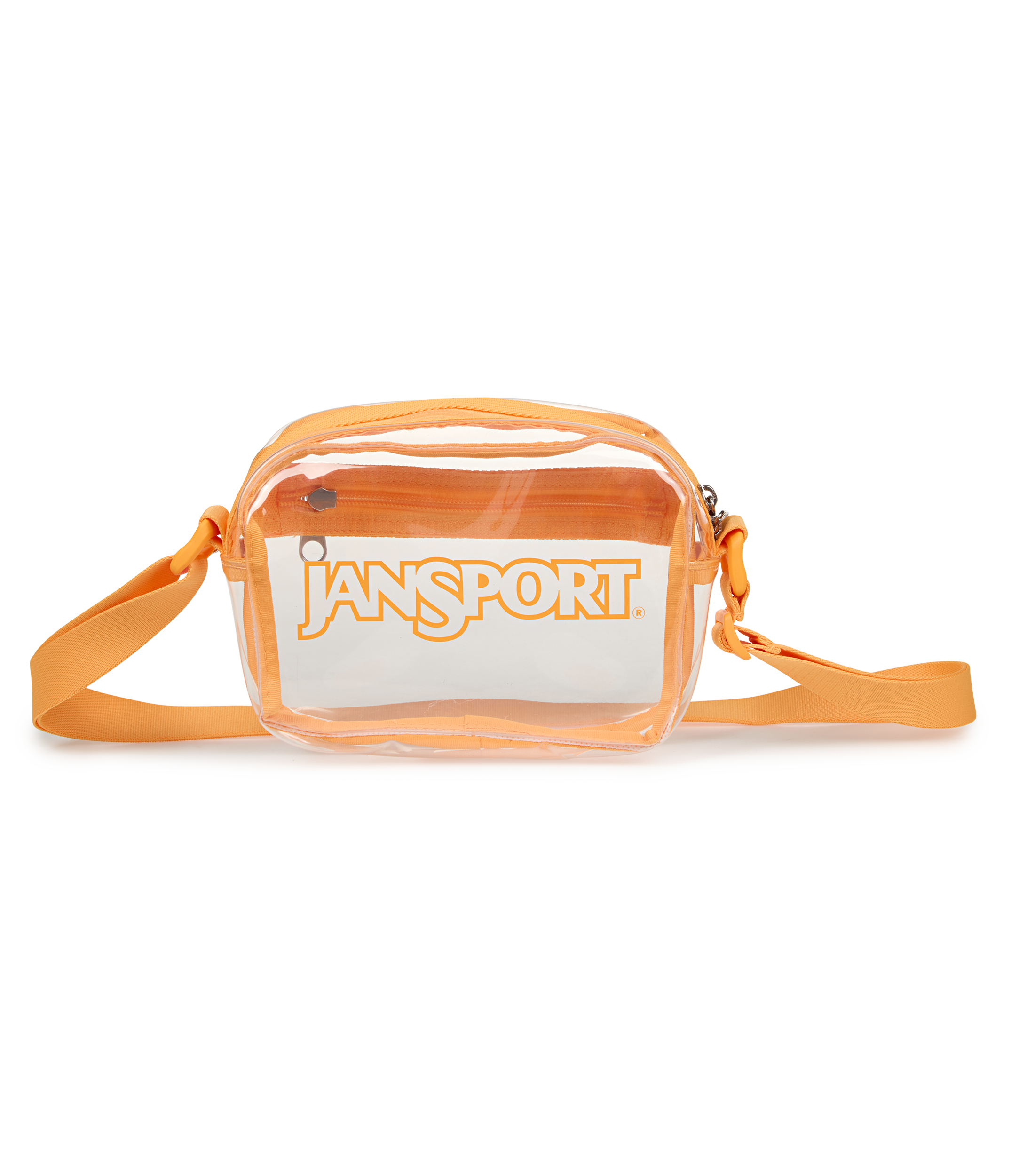 JanSport Clear Crossbody in Orange Soda — front view