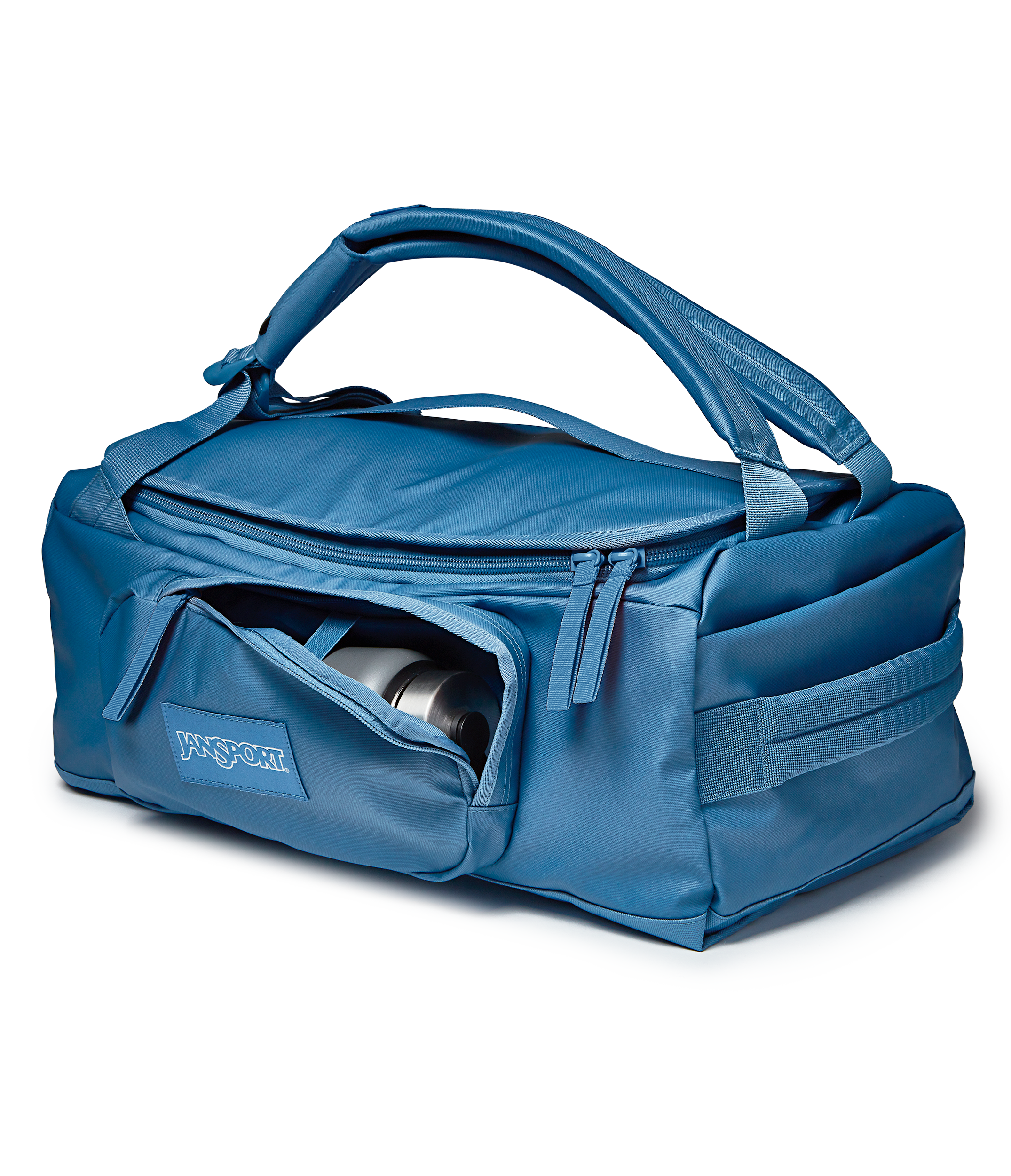 JanSport Good Latitude Convertible Duffel in Elemental Blue — detail view