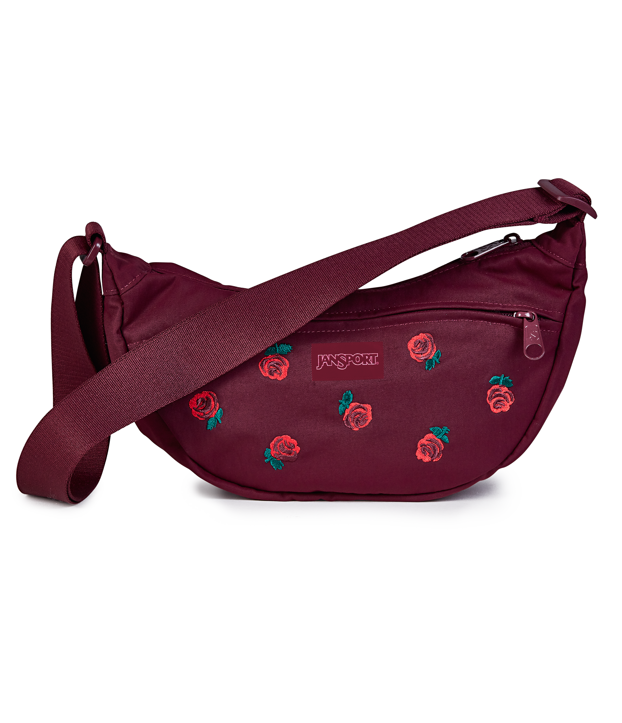 JanSport Unphased Crossbody Small FX in Just A Rose Embroidery Cherry Lacquer — front view