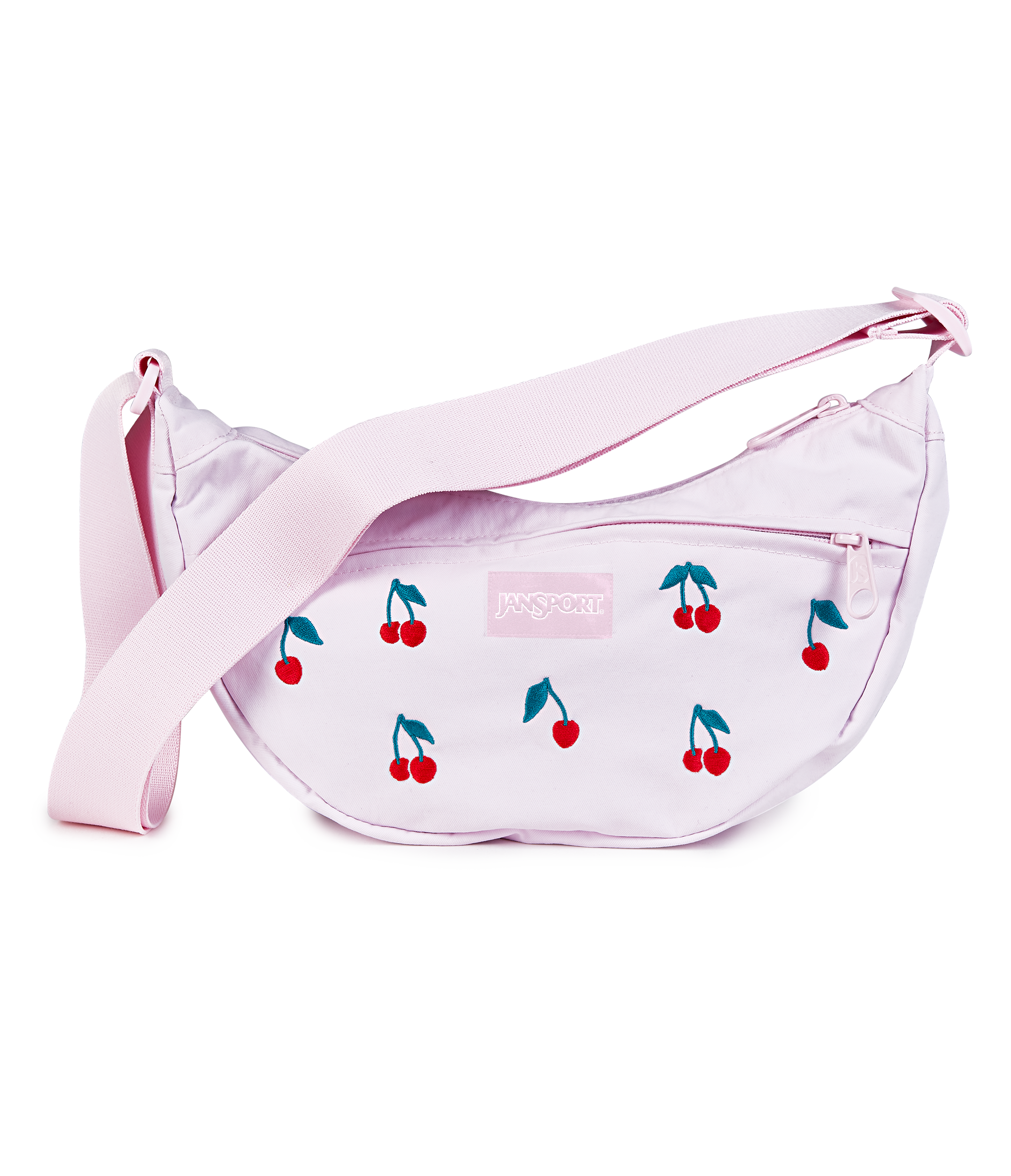 JanSport Unphased Crossbody Small FX in Pink Ice Cherry Embroidery — front view