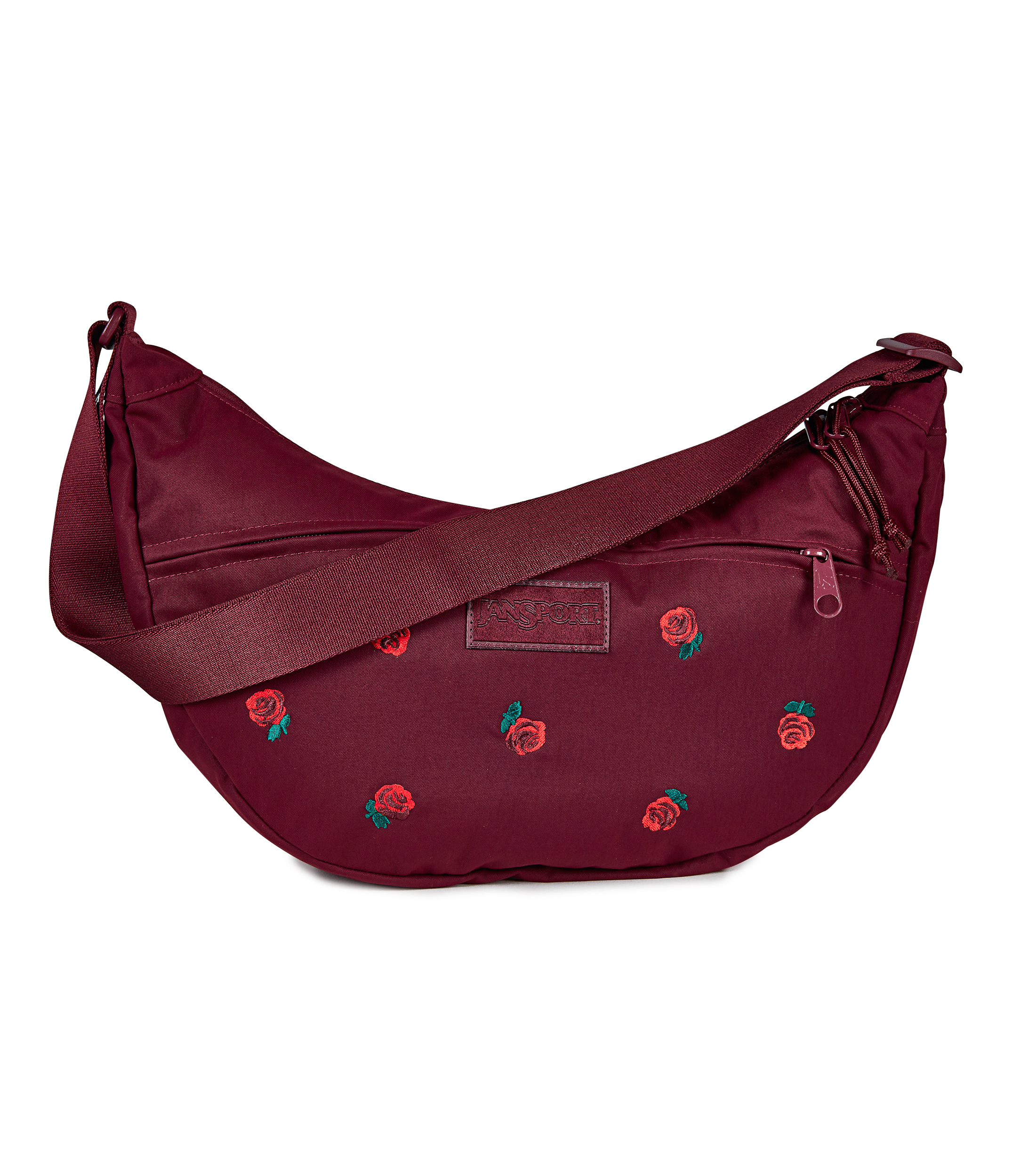 JanSport Unphased Crossbody Large FX in Just A Rose Embroidery Cherry Lacquer — front view