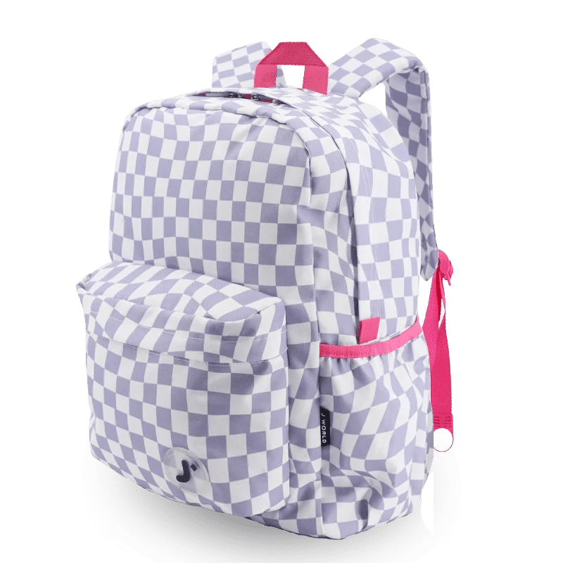 J World Oz Daypack Backpack in Lavender Checkers — angle view 2 # color_Lavender Checkers