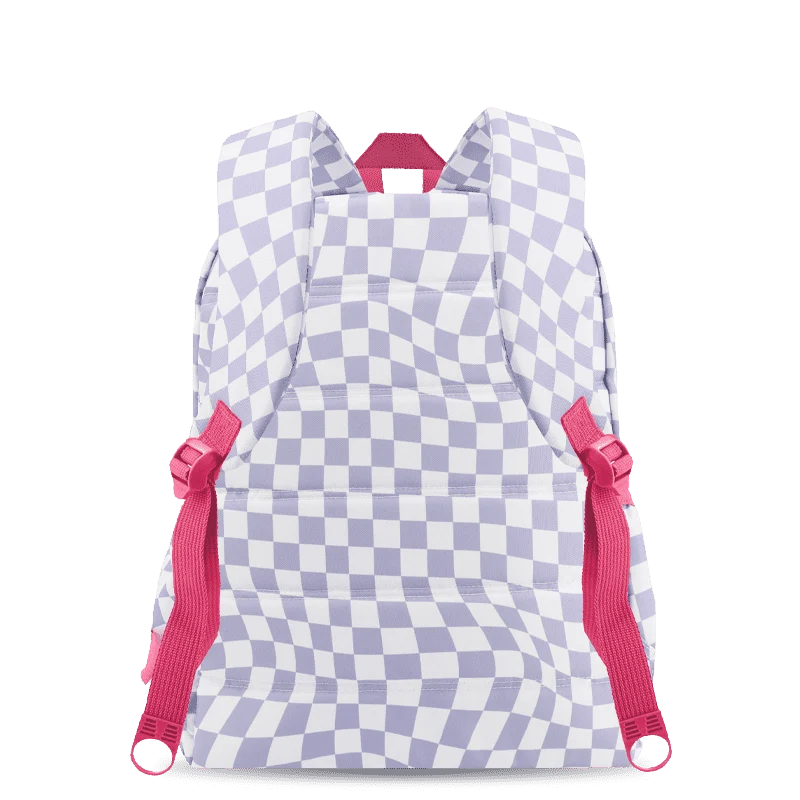 J World Oz Daypack Backpack in Lavender Checkers — back view # color_Lavender Checkers
