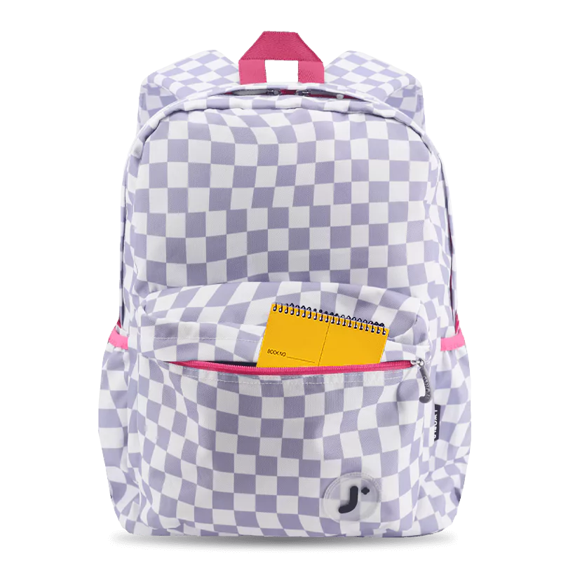 J World Oz Daypack Backpack in Lavender Checkers — detail view # color_Lavender Checkers