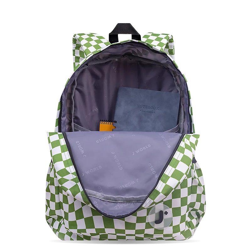 J World Oz Daypack Backpack in Matcha Checkers — interior view # color_Matcha Checkers
