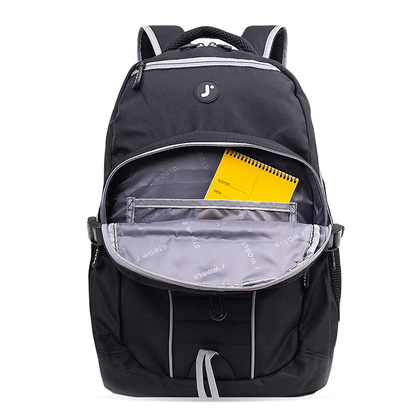 J World Atom Multi Purpose Laptop Backpack in Black — detail view # color_Black