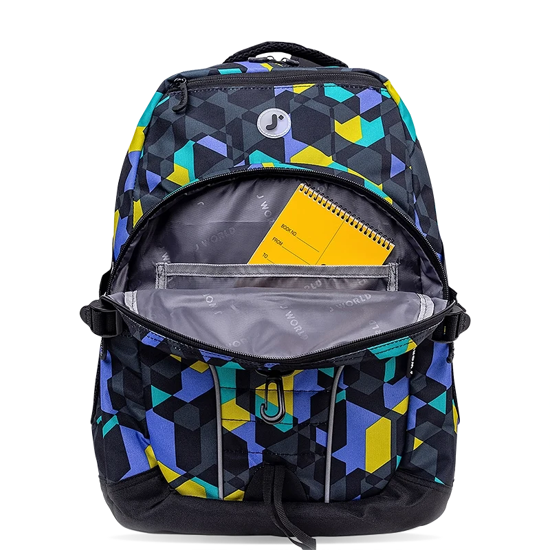 J World Atom Multi Purpose Laptop Backpack in Cubes — detail view # color_Cubes