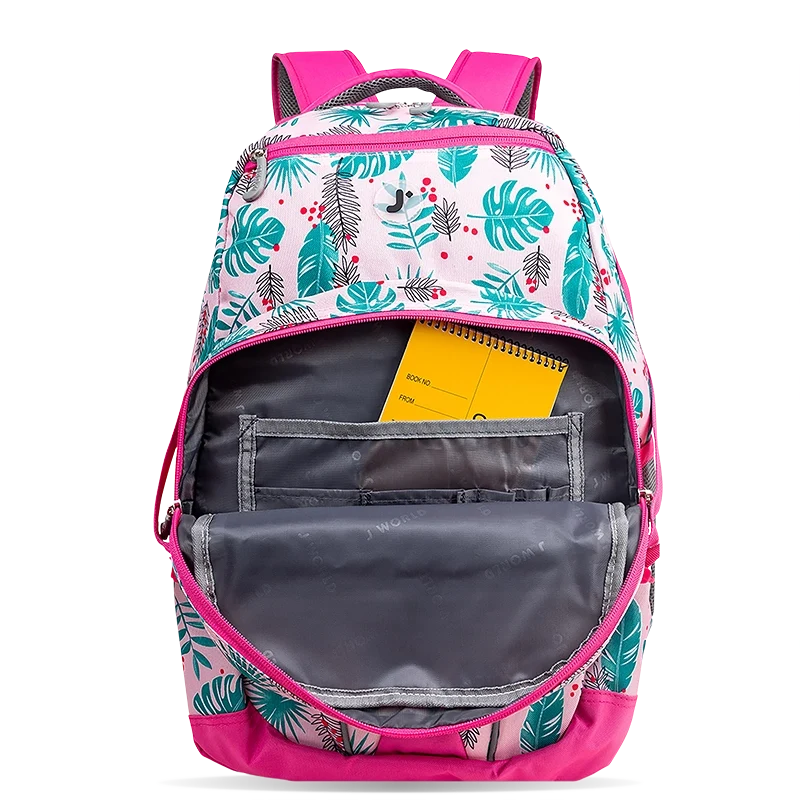 J World Atom Multi Purpose Laptop Backpack in Palm Leaves — detail view # color_Palm Leaves