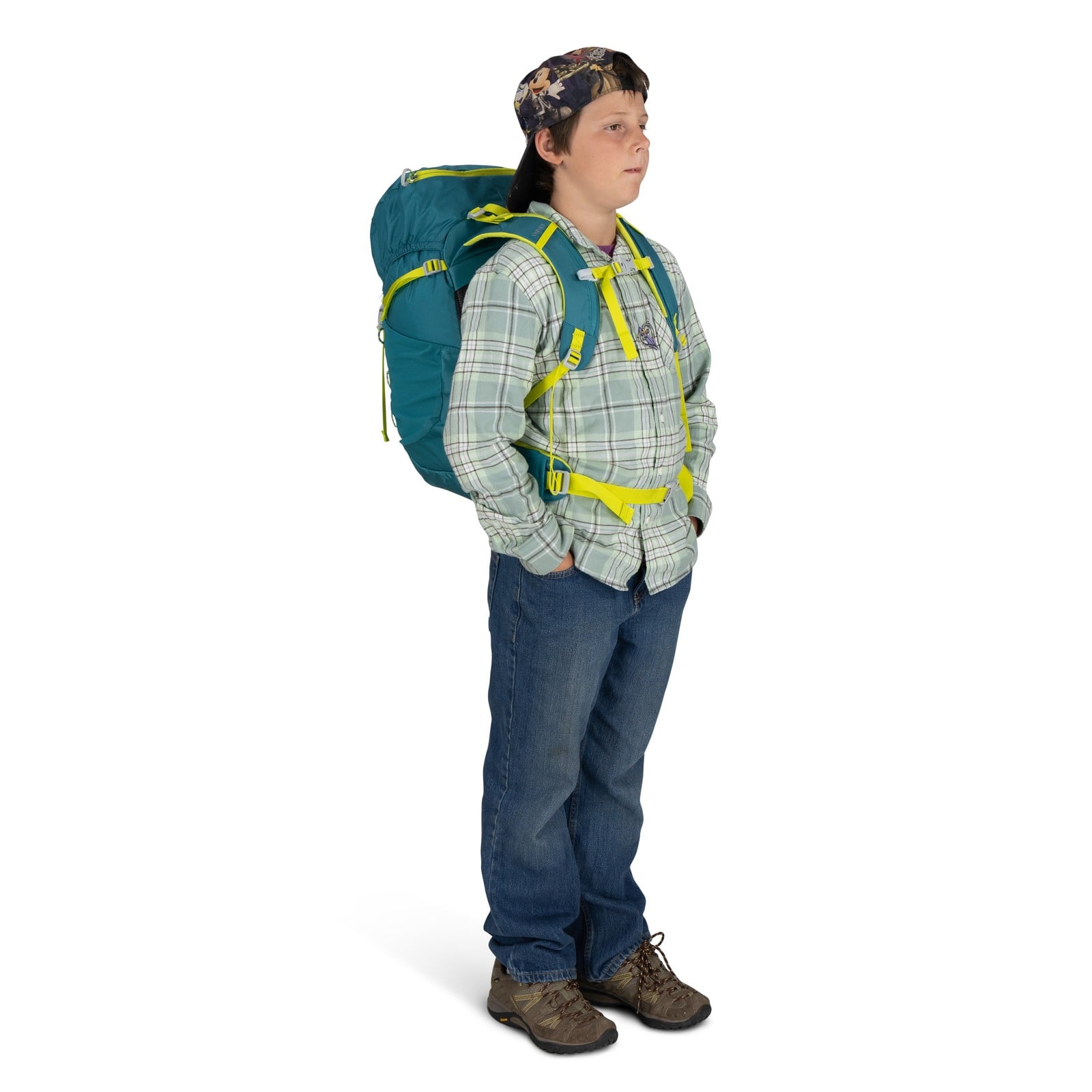 Osprey Jet 28 Kids Hiking Backpack 28L in Blue Spikemoss — lifestyle