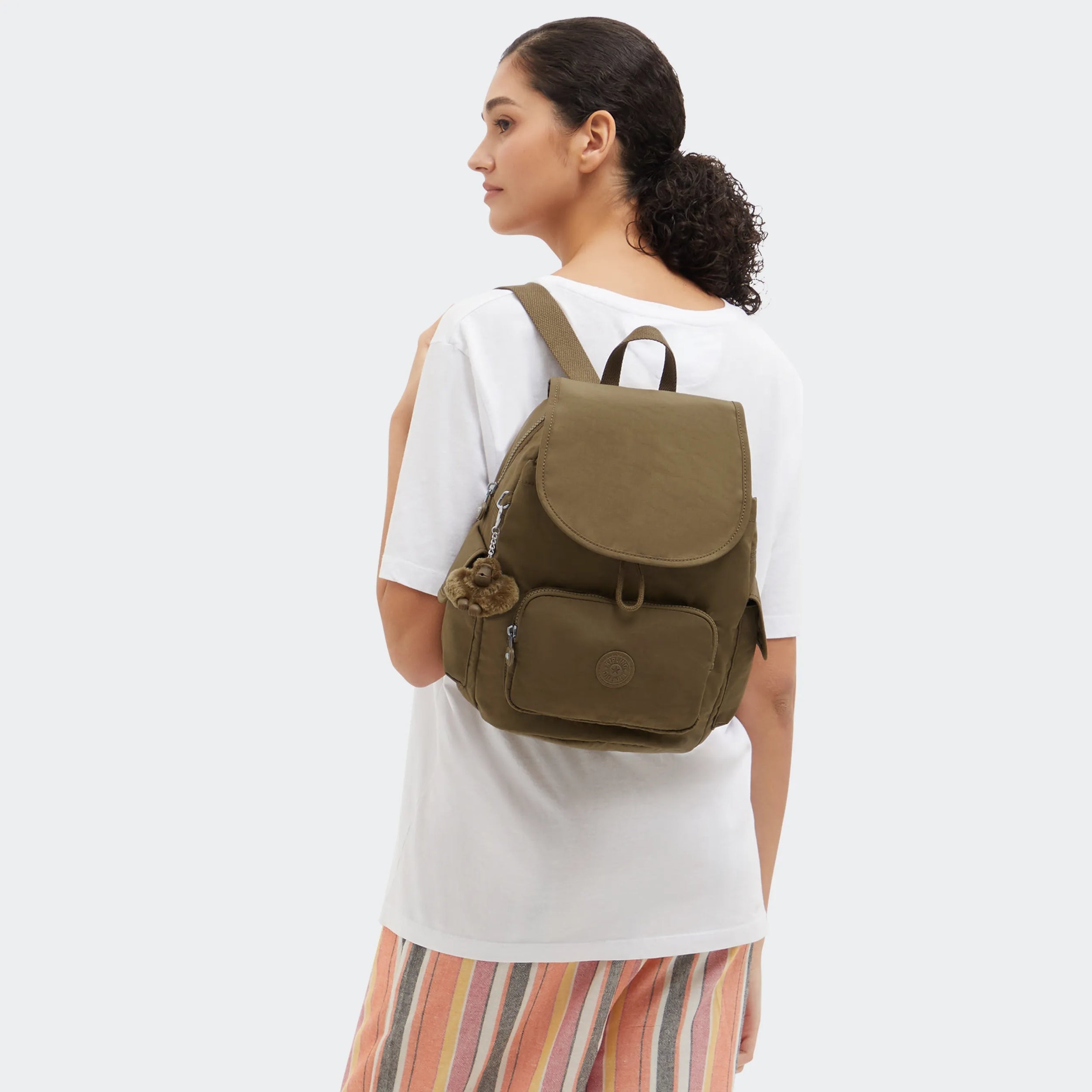 Kipling City Pack S in Smooth Khaki — back view