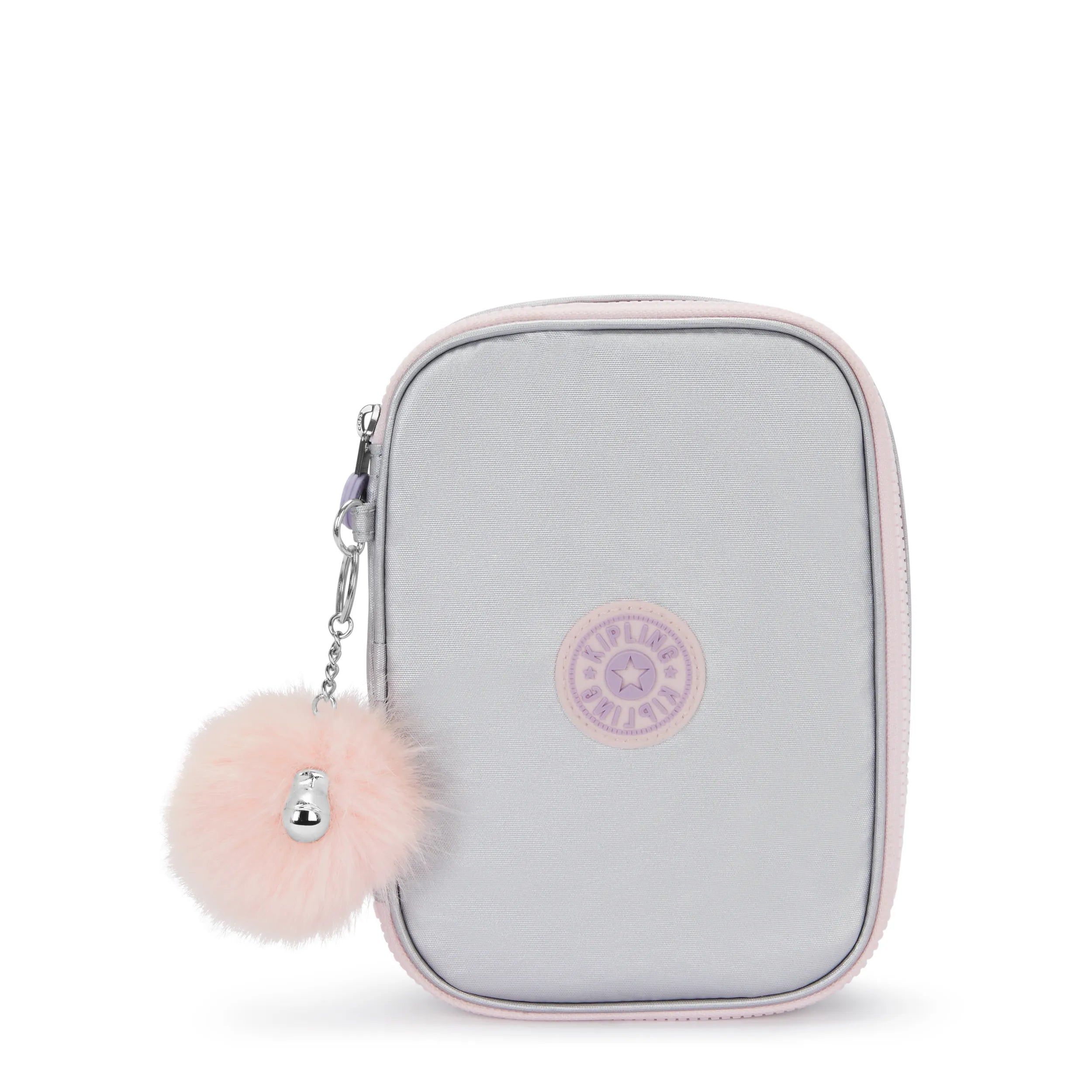 Kipling 100 Pens Case in Silver Glow Metallic — front view # color_Silver Glow Metallic