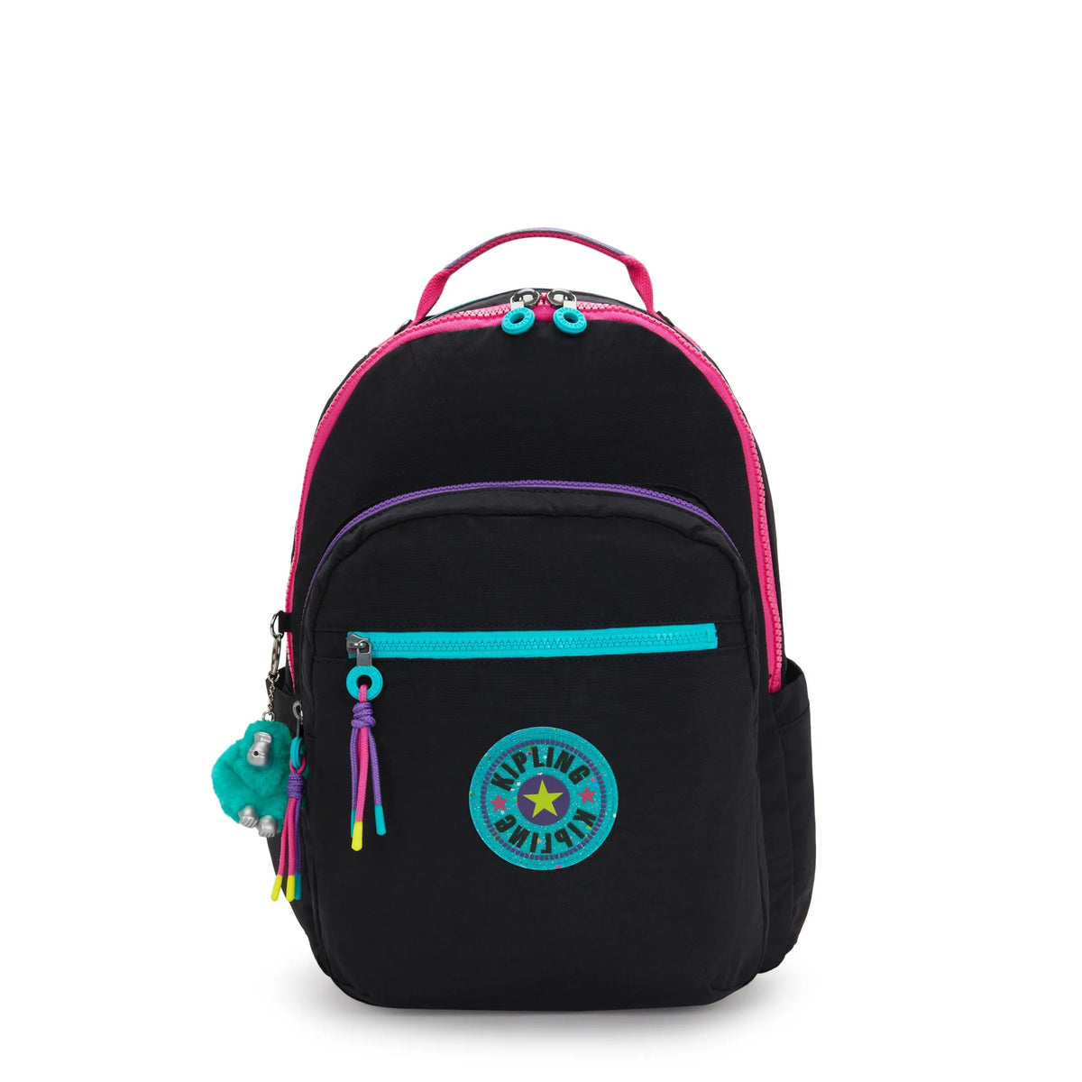 Kipling Seoul Large Backpack with 15" Laptop Protection in Black Fun C — front view # color_Black Fun C