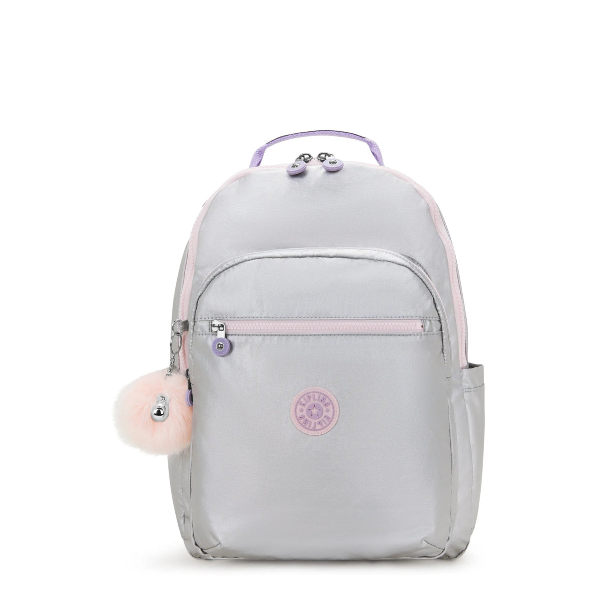 Kipling Seoul Large Backpack with 15" Laptop Protection in Silver Glow Metallic — front view # color_Silver Glow Metallic