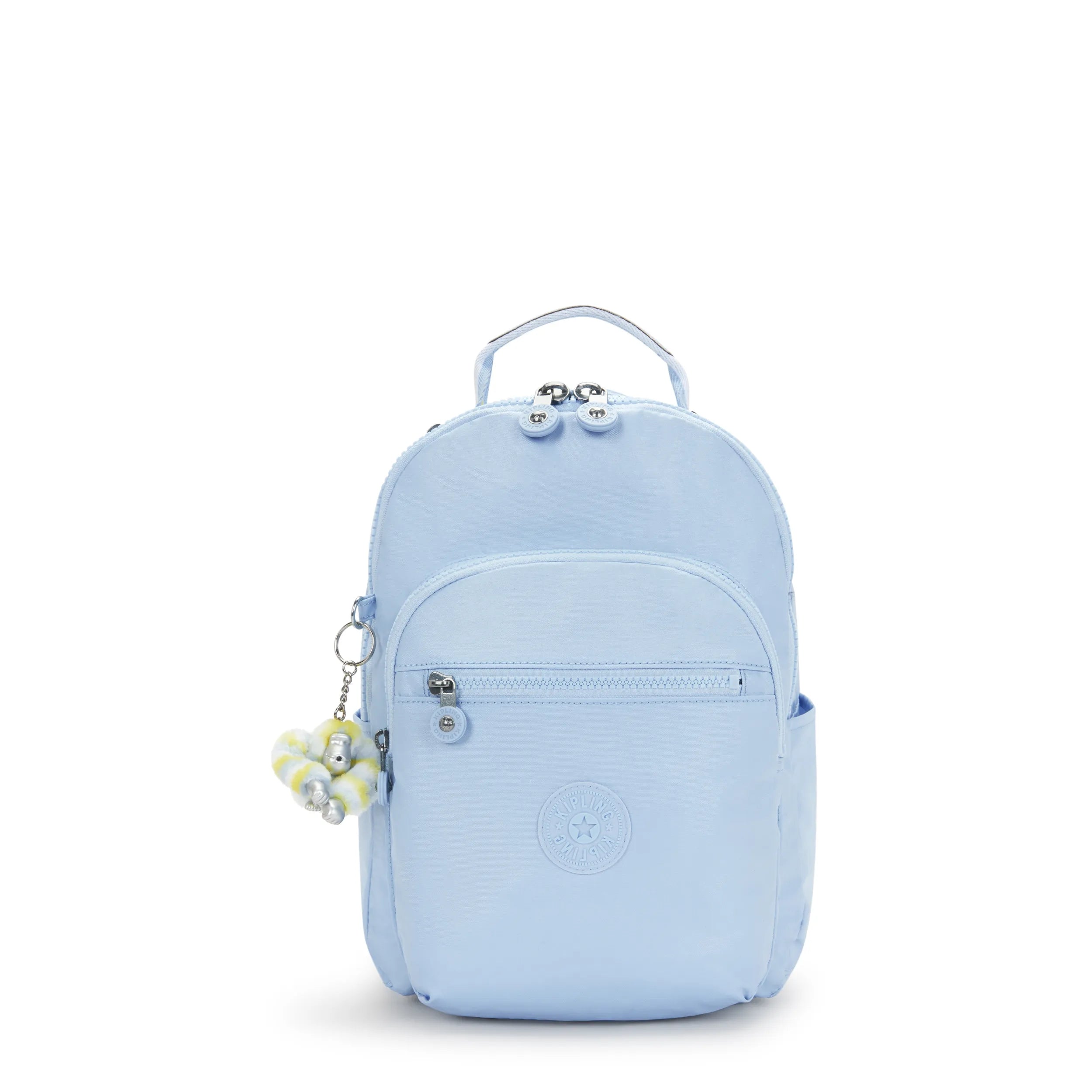 Kipling Seoul Small Backpack in Clear Sky Metallic — front view # color_Clear Sky Metallic