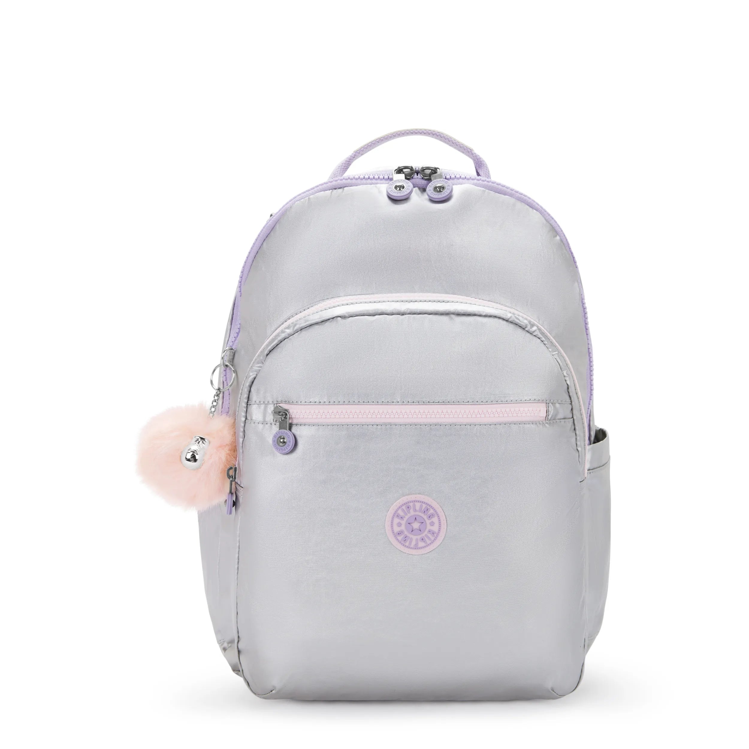 Kipling Seoul Extra Large 17" Laptop Backpack in Silver Glow Metallic — front view # color_Silver Glow Metallic