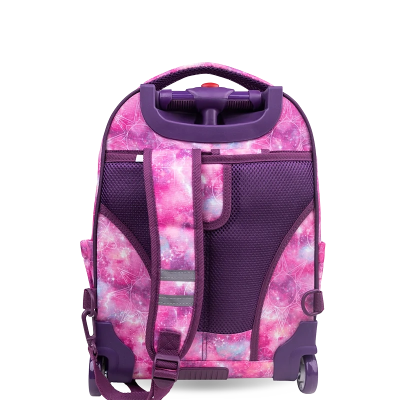 J World Sparkle Kids Rolling Backpack (15 Inch) in Purple Galaxy — back view # color_Purple Galaxy