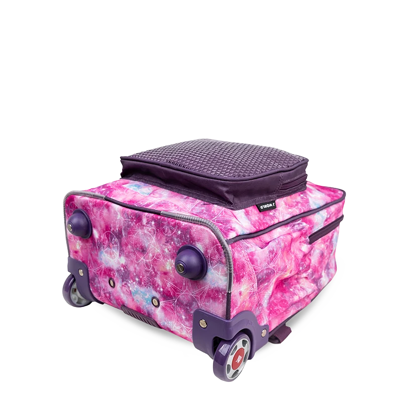J World Sparkle Kids Rolling Backpack (15 Inch) in Purple Galaxy — angle view 3 # color_Purple Galaxy
