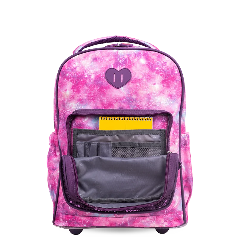 J World Sparkle Kids Rolling Backpack (15 Inch) in Purple Galaxy — detail view # color_Purple Galaxy