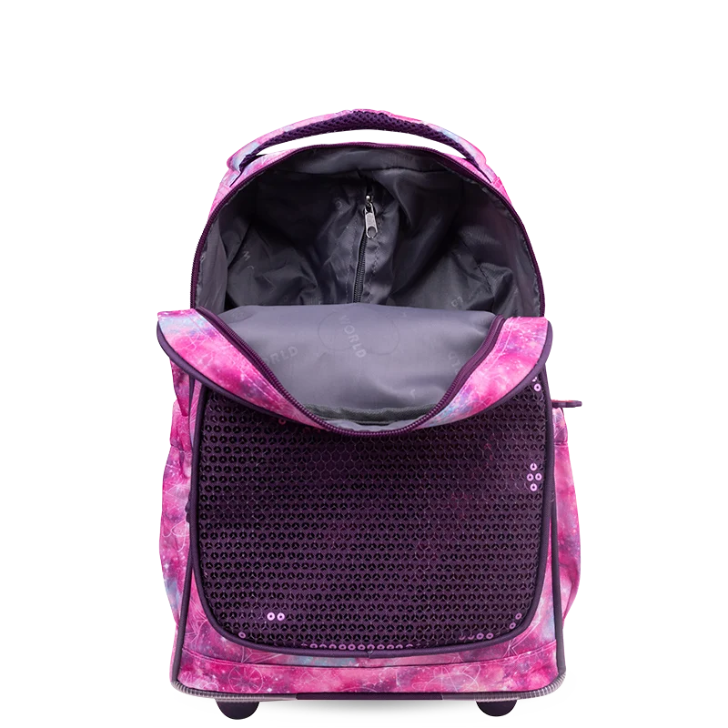 J World Sparkle Kids Rolling Backpack (15 Inch) in Purple Galaxy — interior view # color_Purple Galaxy